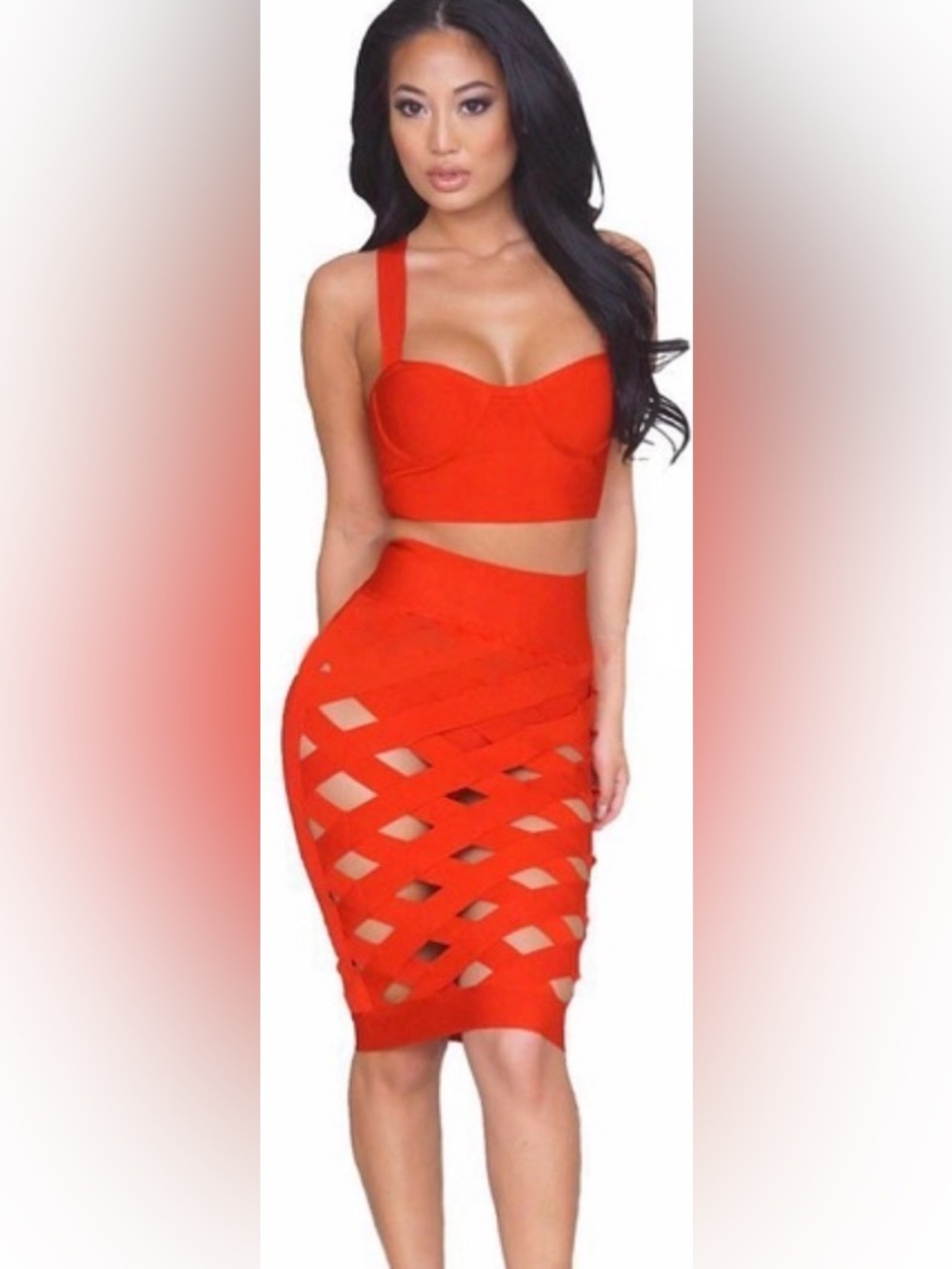 Red Lattice Cutout Pencil Skirt Set